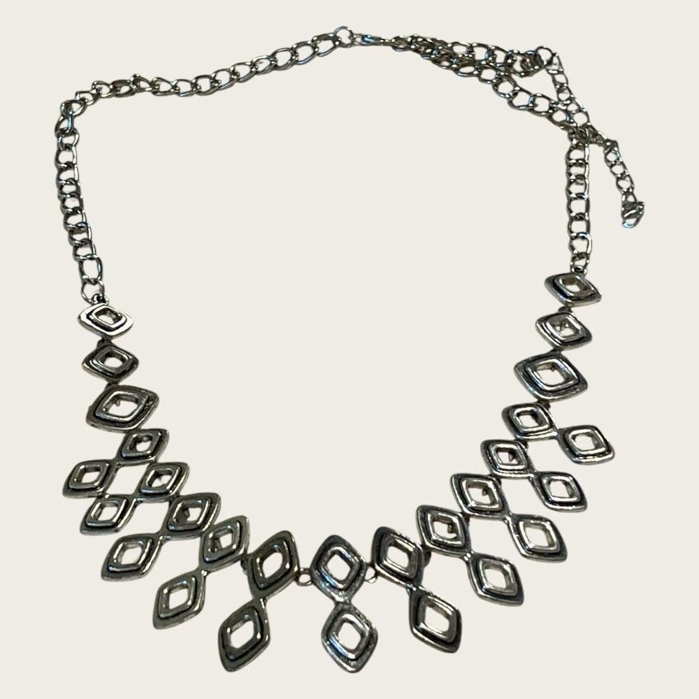 Silver Tone Geometric Open Diamond Bib Statement Necklace 16” + Extender